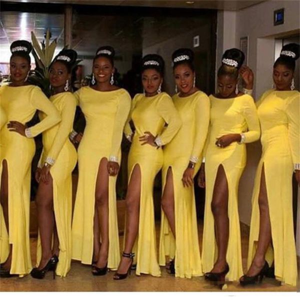 Africano amarelo de manga longa dama de dama de honra vestidos lado alto divisão dona de casa de honra vestidos de chão comprimento casamento convidado formal vestidos barato