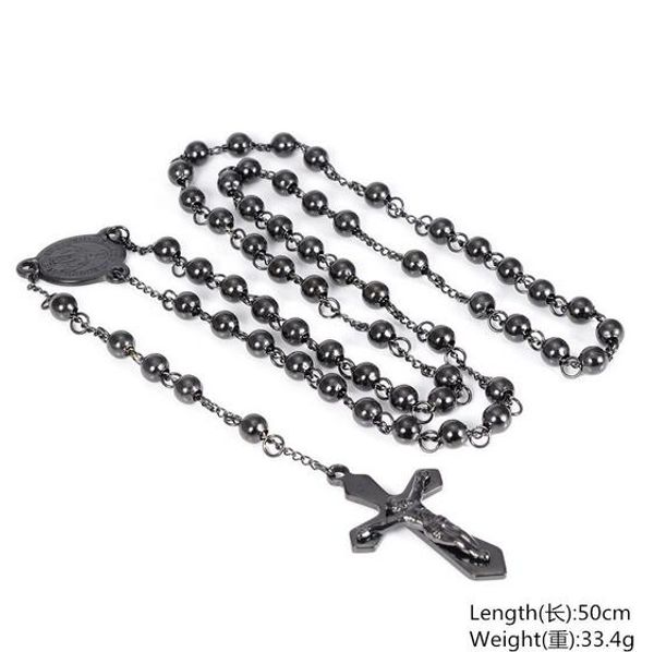 Collana con rosario crocifisso religioso in acciaio inossidabile 316L con catena di perline rotonde nere alla moda