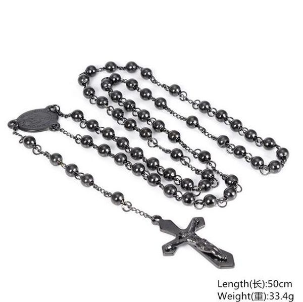 Moda Preto Rodada Bead Cadeia de Aço Inoxidável 316L religioso Crucifixo Rosário Colar Mens Legal Jóias