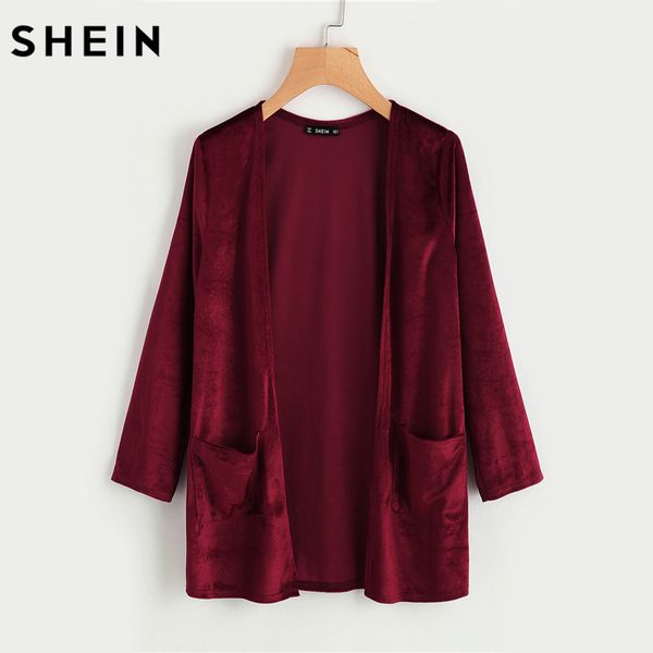 

wholesale- shein pocket front velvet coat autumn coats for women plain burgundy collarless long sleeve open front casual coats, Tan;black