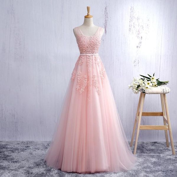 

blush pink prom dress long formal princess scoop sleeveless lace appliques backless evening party gowns with sash and sweep train, Black