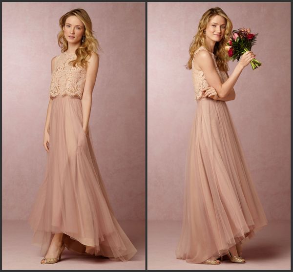 

2016 custom bridesmaid dresses a line high low lace tiers tulle blush maid of honor gowns bohemian wedding party dresses, White;pink