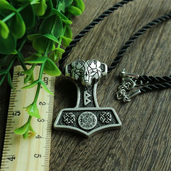 

wholesale- 1pcs wholesale norse odin's wolf thor hammer pendant viking norway valknut symbol necklace men pendant amulets jewelry, Silver