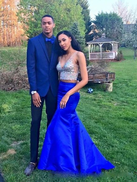 

two pieces mermaid prom dresses sheer strap beaded sequins crystal crop long evening gowns taffeta ruffle pageant party dress, Black