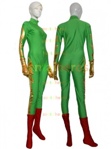 

green and gold girls superhero costume halloween party cosplay zentai suit, Black;red