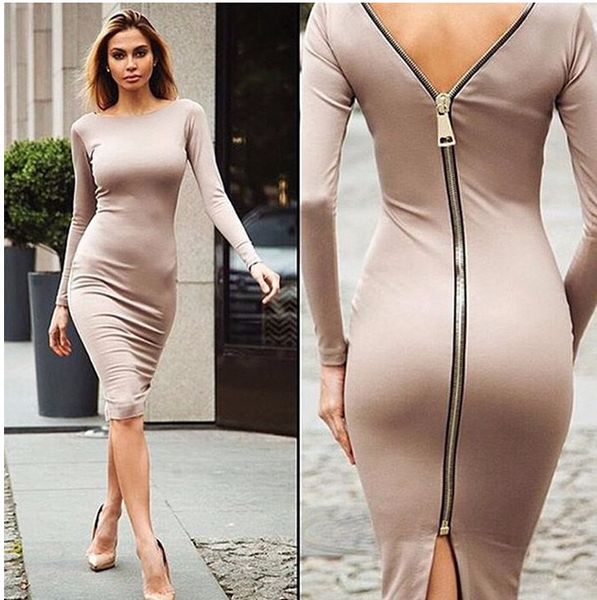 

bodycon sheath dress long sleeve party dresses women clothing back full zipper robe pencil tight dress vestidos, Black;gray