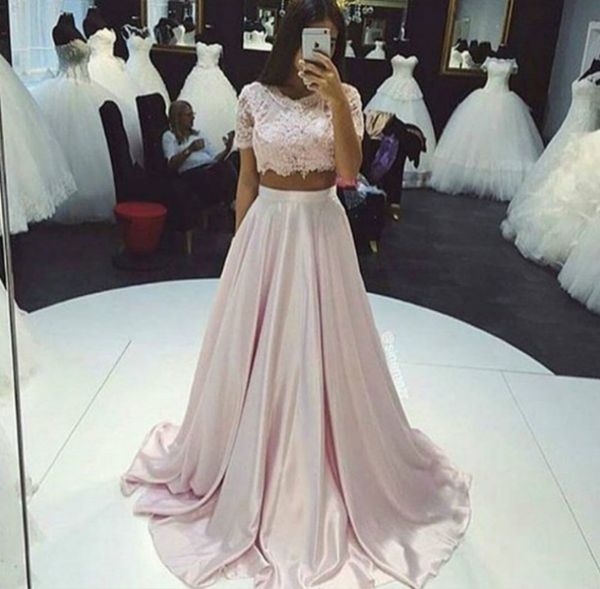 

2019 Two Pieces Prom Dress Short Sleeve Vestidos Para Festa Appliques Ruched Scoop Fancy Party Evening Dresses Fashion Design for Girl