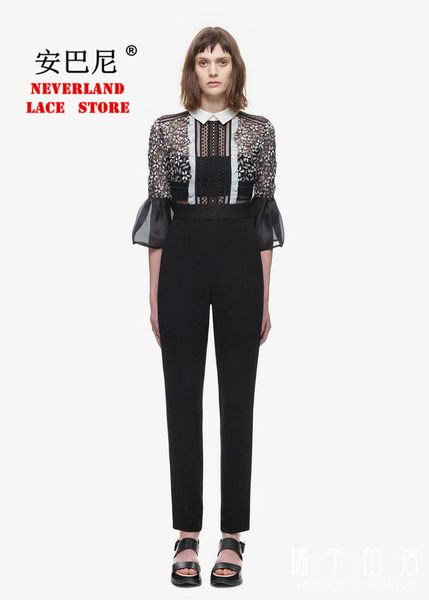 Atacado- 2017 novo auto-retrato sino manga jumpsuit mulher negra rendas crochet oco out bodysuit mulheres zipper back macacuit # 2721