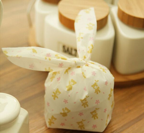 

new diy 200pcs/lot cute bears 2 colors flowers open snack bags/lovely biscuits bread cookie gift bag 12.5*20.5cm wholesale
