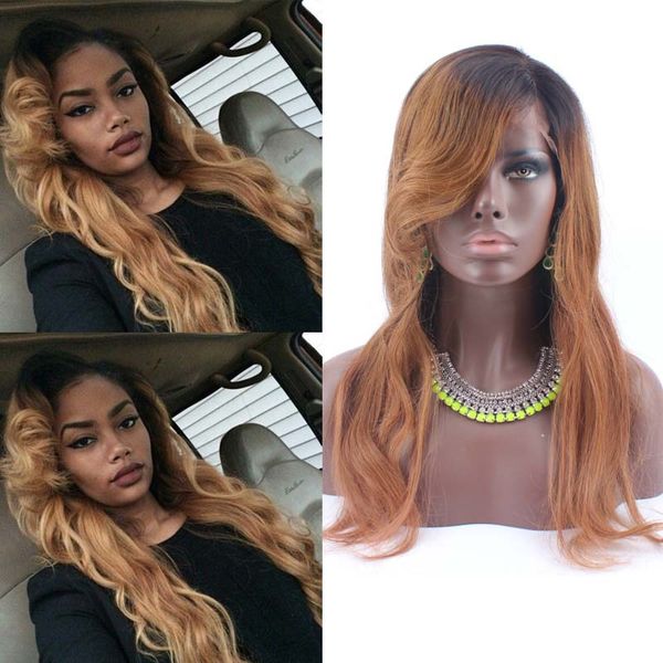 

18inch 130% density peruvian wave ombre lace front wig glueless hair wigs weave hair wig #1b/#30 two tone color, Black;brown