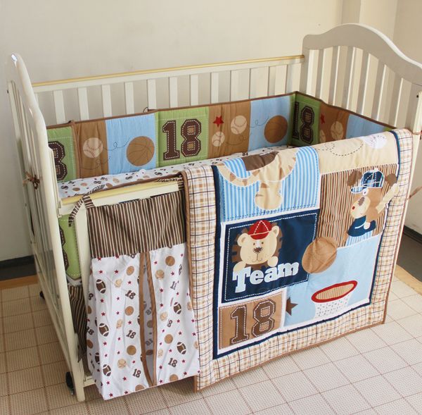 Baby Bedding Set Embroidered Bear Baseball Combination Crib Bedding Set Quilt Bumper Bed Skirt Diaper Bag Cot Bedding Set Boy Bedding Set Quilt Sets