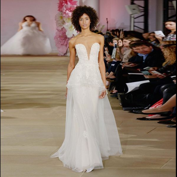 

strapless a-line white tulle wedding dresses lace applique sheer neck cascading ruffles bridals gowns floor length zipper back wedding dress