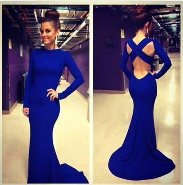 

Elegant Cheap 2020 Mermaid Prom Dresses Royal Blue Sheath Jewel Neck Long Sleeves Party Evening Celebrity Pageant Dresses Custom Made