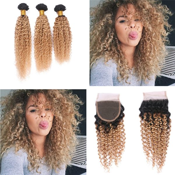 Dark Roots Ombre 1b 27 Hair Weft With Closure 4x4 Honey Blonde 1b