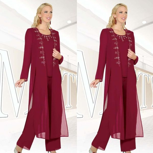 Bordo Şifon 3-Pieces Anne Gelin Pantolon Takım Elbise 2019 Yeni Moda Jewel Uzun Kollu Boncuklu Yan Bölünmüş Uzun Ceket Anneler Günü Örgün Önlükler