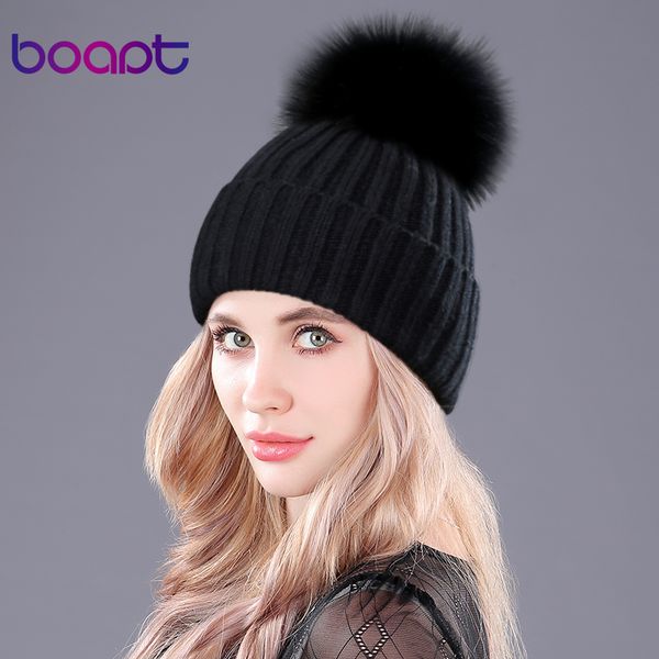 

wholesale- [boapt] warm natural raccoon fur hats for women knitted braid beanie female caps pompon headgear winter girl lady skullies hats, Blue;gray