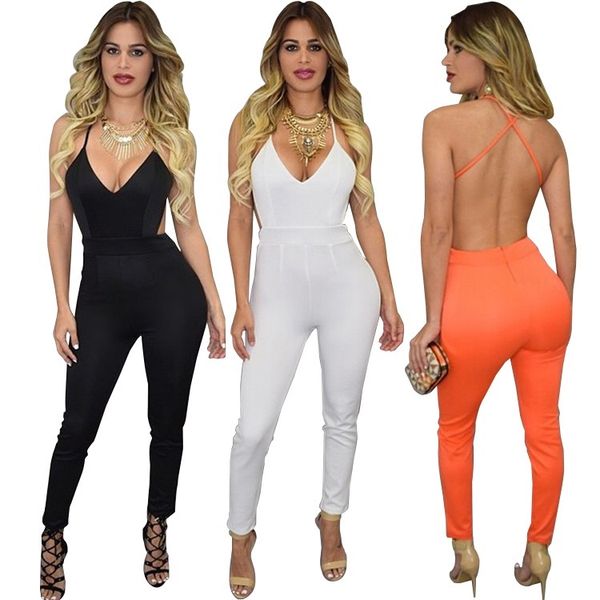 

prettybaby backless jumpsuit overalls 2016 more pants length v neck tight halter piece pants suit outerwear tight jumpsuits, Black;white