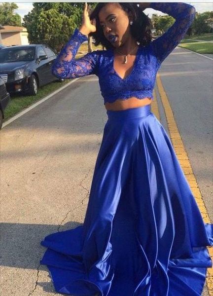 

blue two pieces prom dresses v neck black girls dress with long sleeve sheer lace long formal party evening gowns