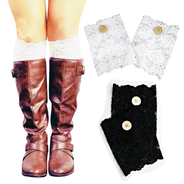 

button stretch lace boot cuffs women girls leg warmers trim flower design boot socks knee in stock, Black;white