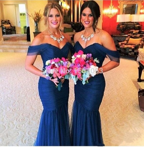 

2016 navy blue off shoulder long tulle mermaid bridesmaid dresses 2017 new ruched ruffle prom dresses maid of honor dress custom made, White;pink