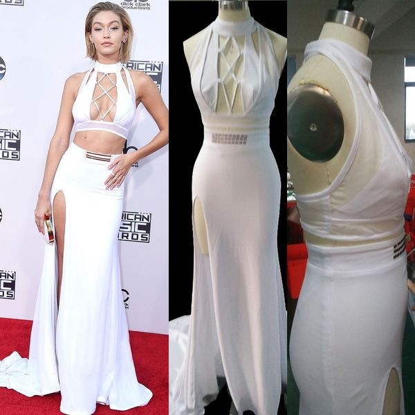 White Evening Dresses Long Gigi Hadid Celebrity Dresses Sexy Split Two Piece Evening Gowns Court Train Chiffon 6421 Ladies Evening Dress Ladies