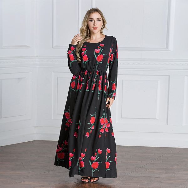 

new arrival plus size muslim women long sleeve floral print maxi dress high waist kaftan dress s-6xl, Red