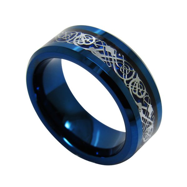 

8mm fashion jewelry blue tungsten carbide ring dragon inlay for men wry-995, Silver