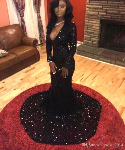 Manga longa preto Sereia Sereia Prom Vestidos de Bling Ligentes Mergulhando V Court Court Trem African Formal Night Women Women Made Made Made