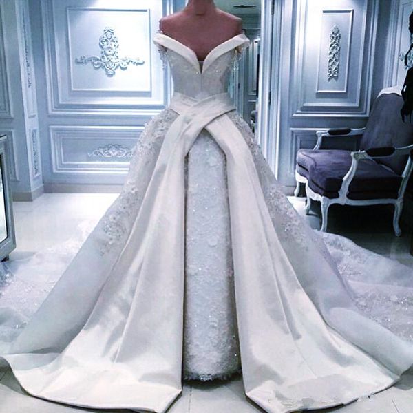 

arabic lace wedding dresses bling bling sequined ball gown wedding gowns with satin overskirt arabian dubai lace bridal dresses custom made, White