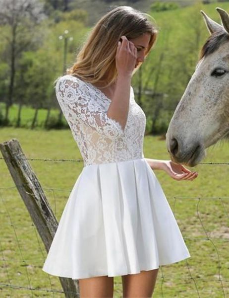 

горячая распродажа 2019 сексуальный стиль короткое свадебное платье с открытой спиной и половиной рукава кружева атласная мини линия свадебн, White