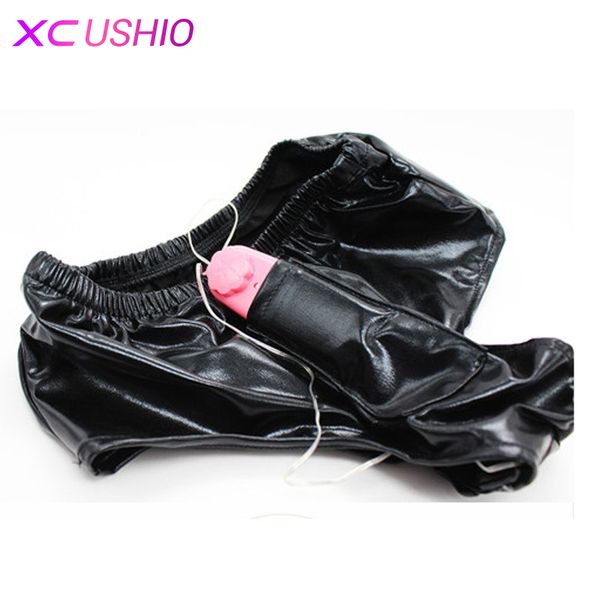 Latex Masturbação Feminina Lingerie Calcinha Vibrando Massagem Calças de Relaxamento com Dildo Penis Plug Cinto de Castidade Brinquedo Sexual 0701