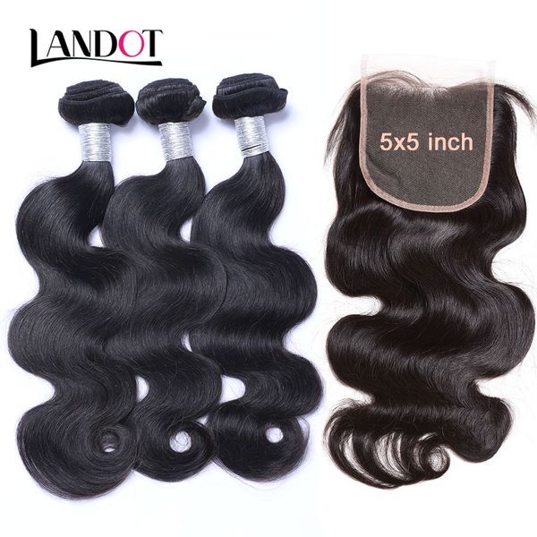 

8a human hair weave 3 bundles with 5x5 lace closures unprocessed virgin brazilian peruvian malaysian indian body wave remy mink extensions, Black