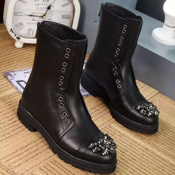 

Autumn women genuine leather black ankle boot motorcycle boot with rhin tone female de igner brand footwear y092