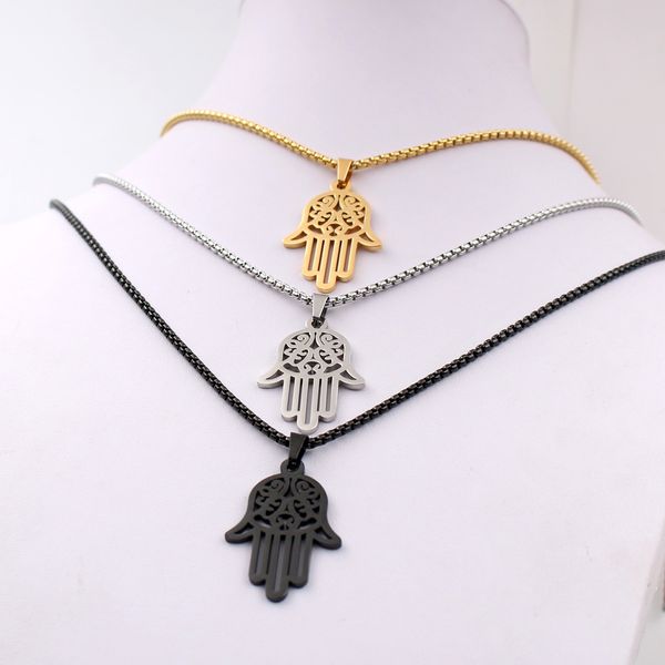 Silber, Gold, Schwarz, wählen Sie Herren-Anhänger „Hand der Fatima Hamsa“ aus ICP 316L-Edelstahl mit passender 3-mm-24-Zoll-Box-Rolo-Kette