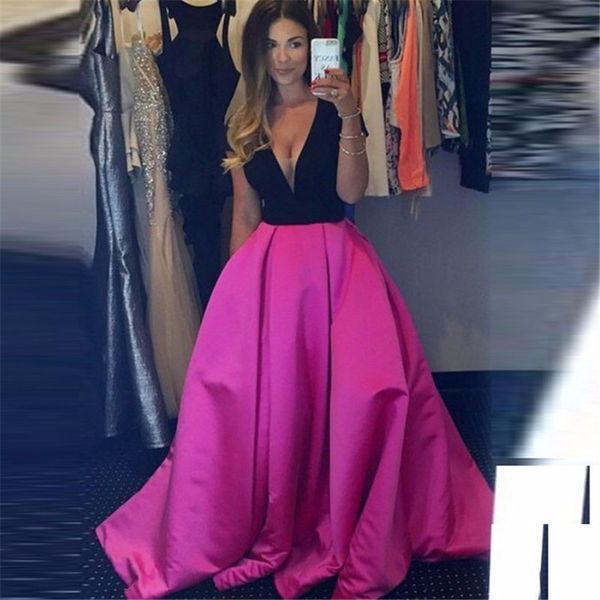 

new a line deep v neck long prom dress ever pretty vestidos longos short sleeve floor length formal party evening gowns dresses, Black