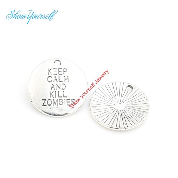 

wholesale-12pcs antique silver plated keep calm kill zombies charms pendants for necklace jewelry making diy handmade craft 20mm, Bronze;silver