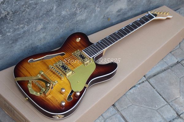 

rare hybird jazz tele guitar paul waller flame maple brown electric guitar semi hollow body f hole bigs tremolo bridge ebony fingerboard