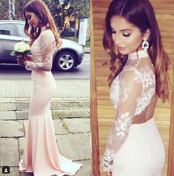 

blush pink two piece prom dresses halter mermaid evening gowns sheer lace long sleeves special occasion gowns vestidos fiesta, Black