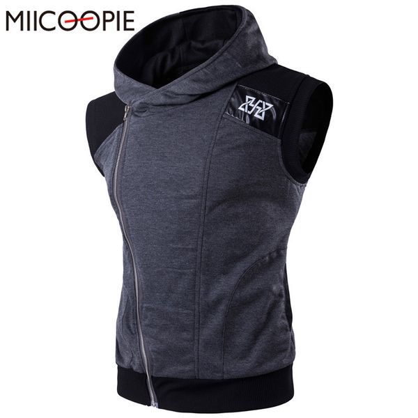 

wholesale- brand clothing men hoodies sleeveless men's hooded hoodie sweatshirt leath patchwork zipper jacket coat bodybuilding man ves, Black