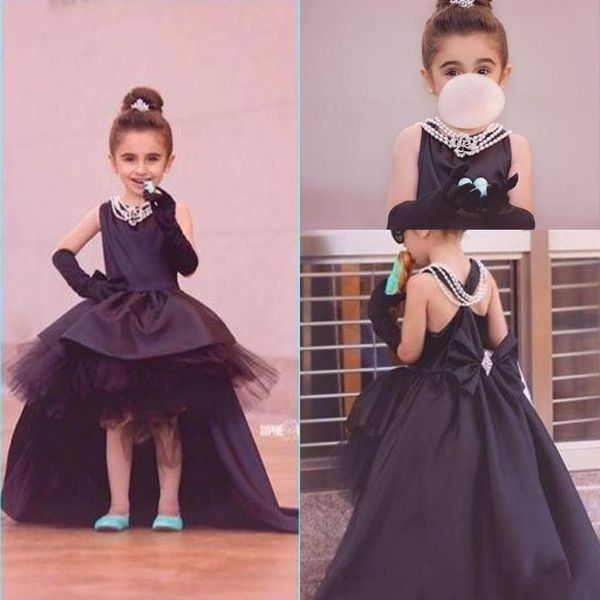 

2016 black high low flower girl dresses for weddings jewel layers satin and tulle girls pageant dress big bow beads kids party gowns, White;blue