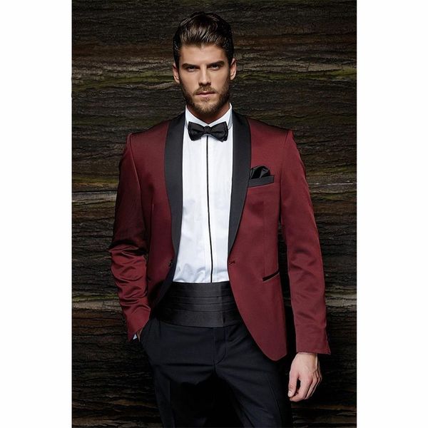 Blazer Moda all'ingrosso One Button Borgogna Smoking dello sposo Sposo Abiti da ballo da uomo Abiti da cerimonia da uomo (Giacca + Pantaloni + Cintura