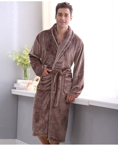 

wholesale-autumn and winter coral fleece velvet bathrobe robe thickening flannel robe bathrobes men lounge sleepwear bathrobes male, Black;brown