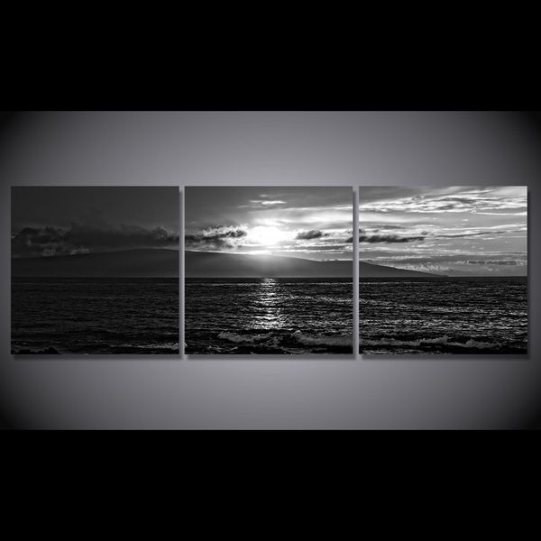 Acheter 3 Pièces Set Seascape Coucher De Soleil Noir Blanc Peintures Toile Décoration Dintérieur Mur Art Posters Encadrés Hd Estampes Peinture