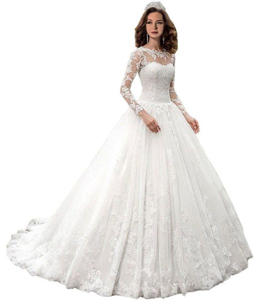 

charming lace ball gown wedding dresses with long sleeves sheer bateau neck bridal dress tulle court train appliques wedding gowns, White