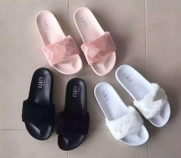 

send original box dust bag]rihanna leadcat fenty slippers faux fur slides sandal fashion women slide pink black white grey sandals slipper