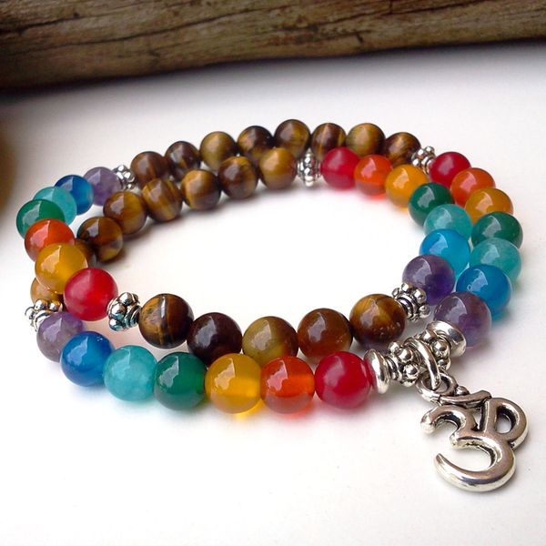 

sn0196 double wrap om bracelet yoga chakra bracelet aumtumn bead amethyst tiger eye agate bracelet for ladies, Black