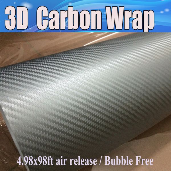 Hochwertige silberne 3D-Carbonfaser-Vinyl-Carbonfaser-Autoverpackungsfolie mit Luftablass für Fahrzeuggrafik, kostenloser Versand, 1,52 x 30 m/Rolle