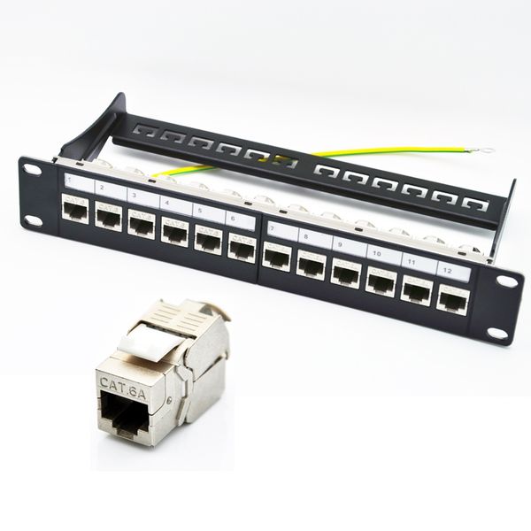 Freeshipping 10 polegadas 12 portas Cat6a Patch Panel Loaded Cat6a Keystone JackCabo de Gestão de Caixas