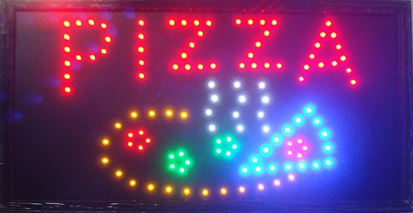 Segno di pizza LED vendita diretta, negozio di pizze semi-all'aperto da 10x19 pollici, segnale luminoso a led ultraluminoso