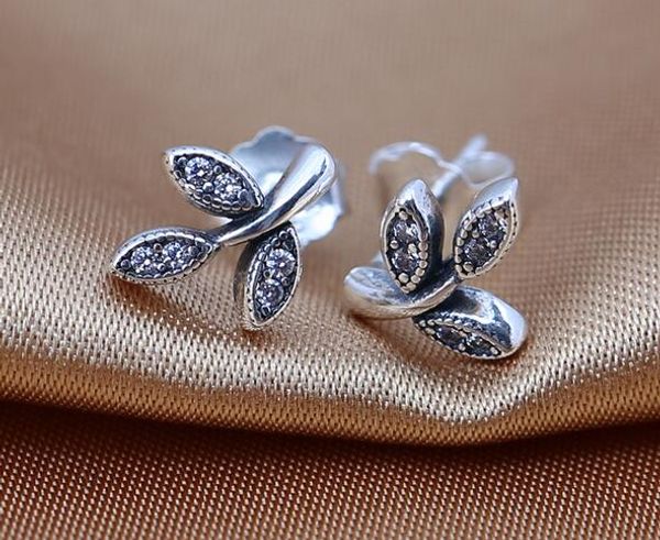 

stud earrings 100% 925 sterling silver earrings sparkling leaves, clear cz fits for pandora charms jewelry diy women charms wholesale, Golden;silver